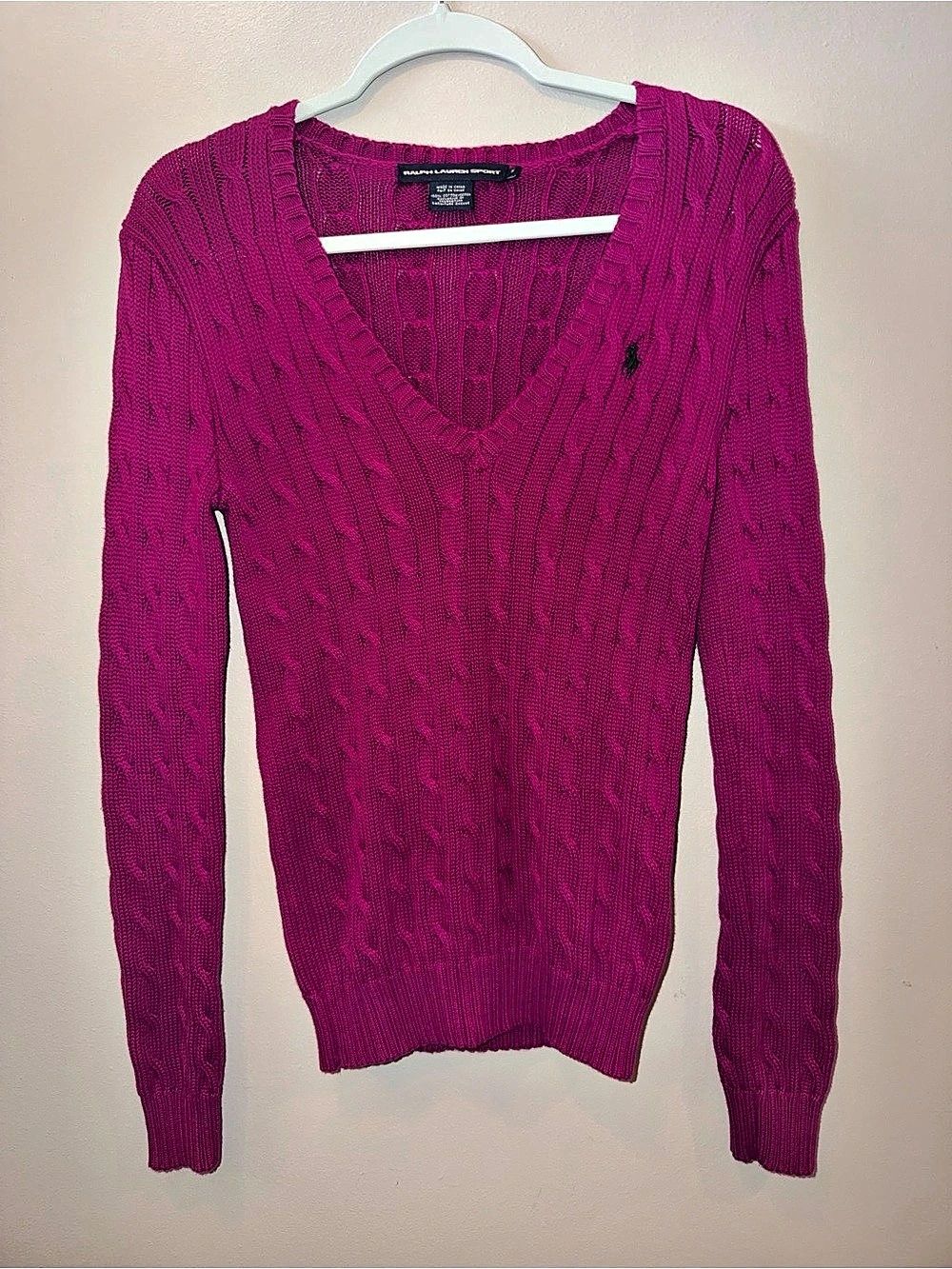 Ralph Lauren Sport Cable-Knit Cotton V-Neck Sweater Pink Medium